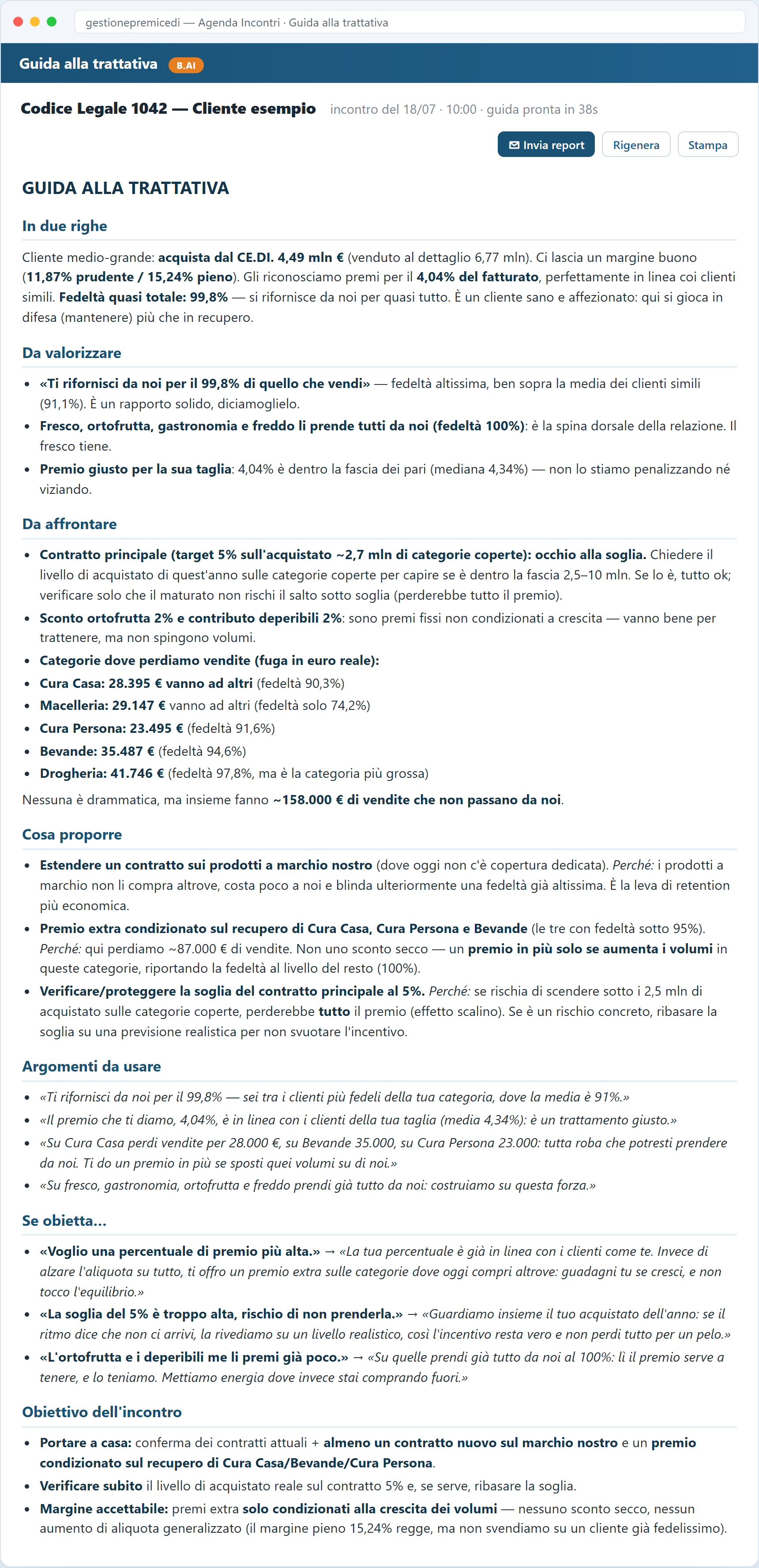 Esempio di Guida alla trattativa generata da B.AI: diagnosi del cliente, cosa proporre, argomenti e risposte alle obiezioni